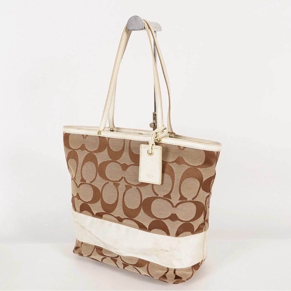 Coach Signature Brown and Cream Canvas Leather Tote Bag - Picture 4 of 16